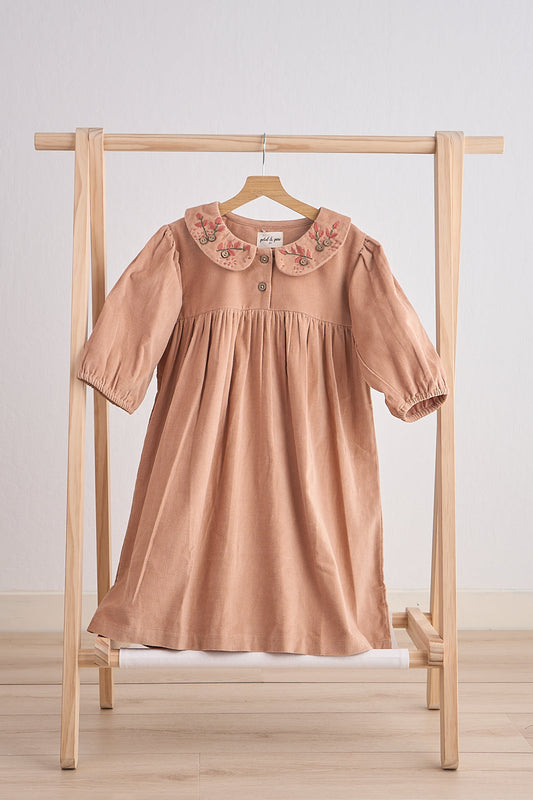 Beige floral embroidery velveteen girl dress - Giggles with Grace