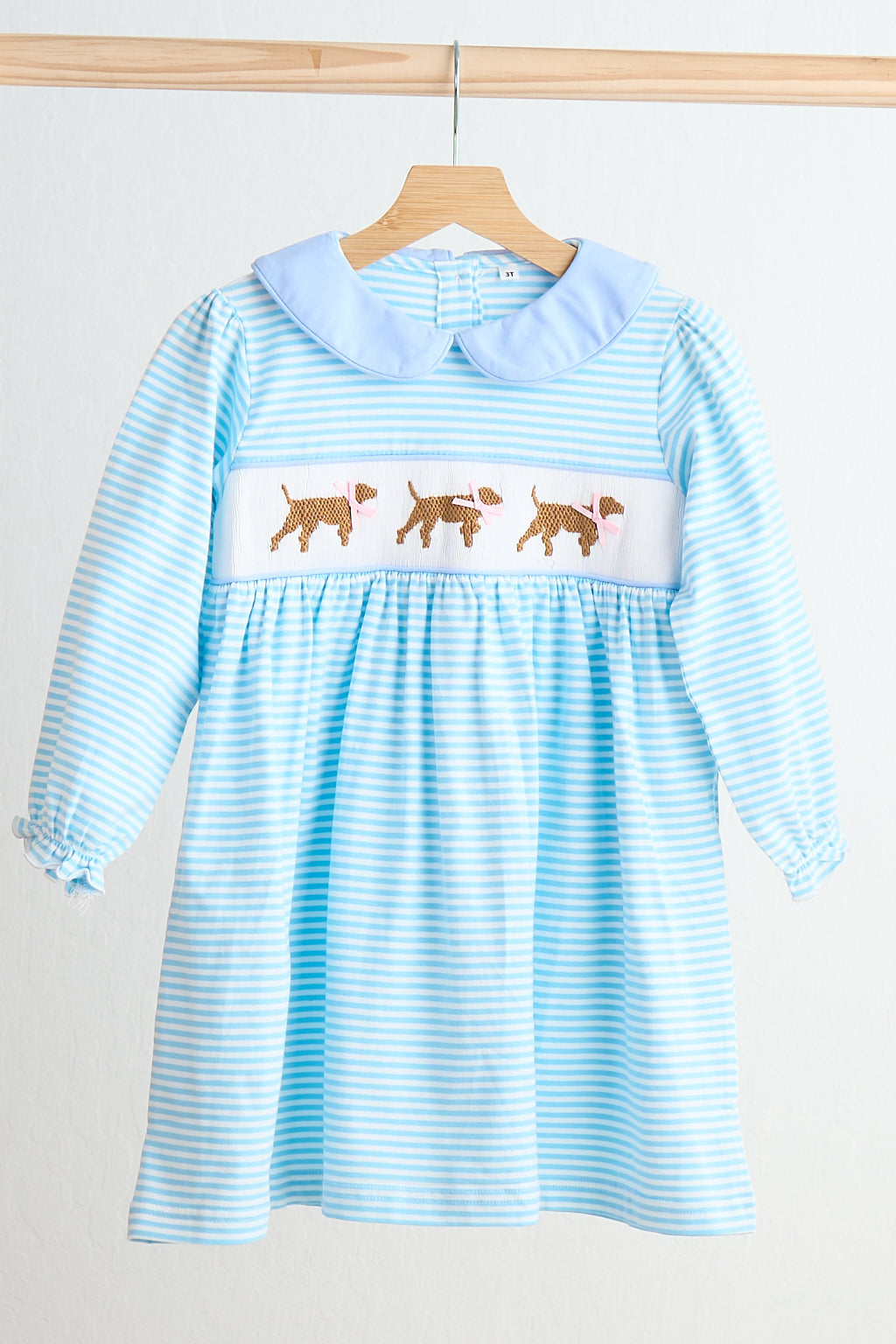 Blue puppy hand smocked stripe dress - Giggles with Grace