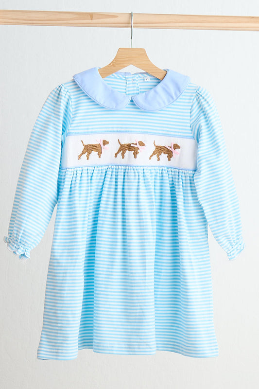 Blue puppy hand smocked stripe dress - Giggles with Grace