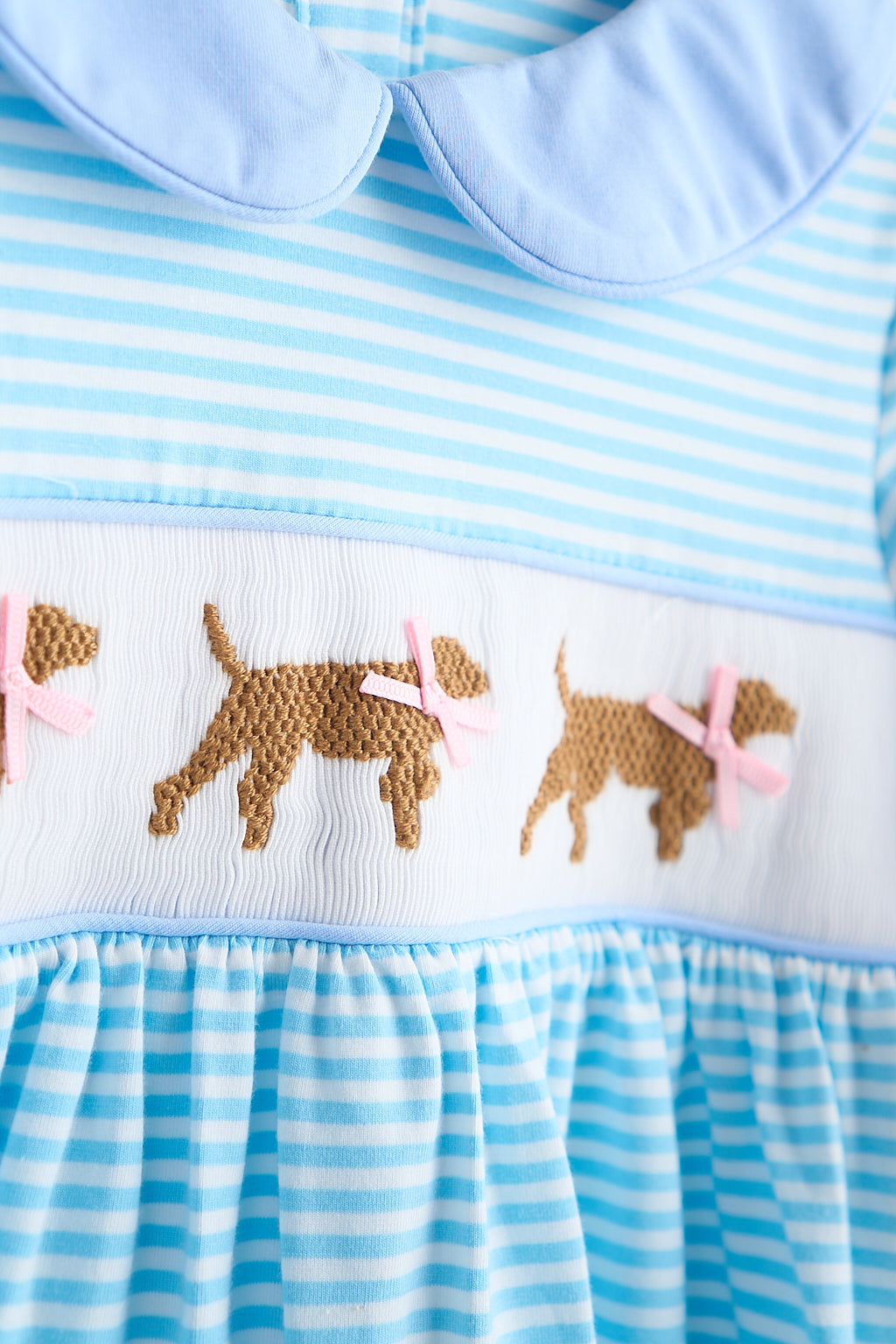 Blue puppy hand smocked stripe dress - Giggles with Grace