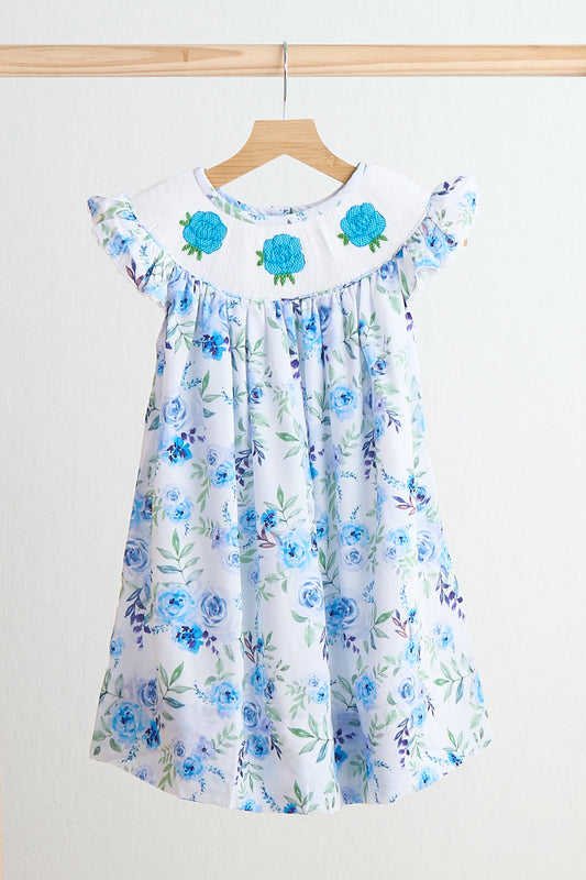Blue rose hand smocked print dress - Giggles with Grace