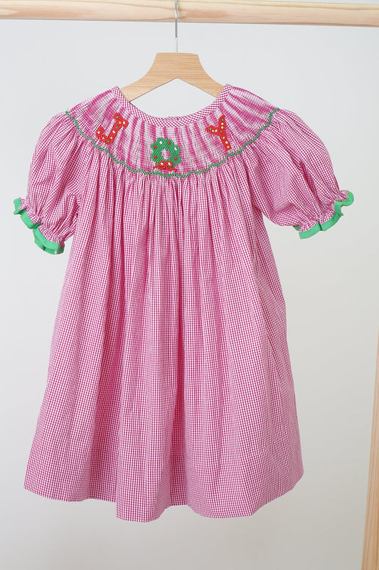 Pink christmas joy hand smocked gingham dress - Giggles with Grace