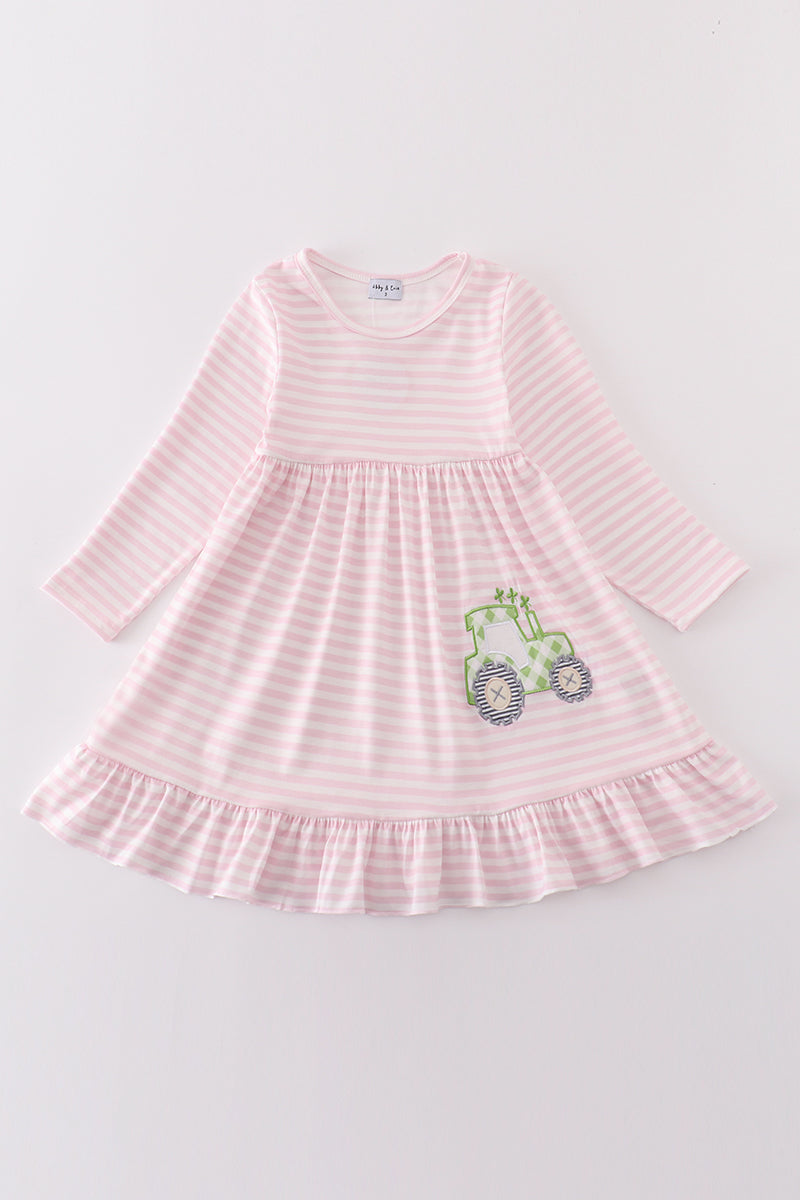 Pink tractor lucky clover applique girl dress - Giggles with Grace