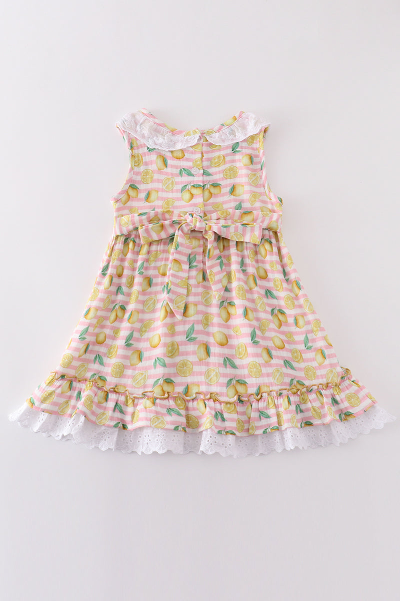 Premium Pink muslin stripe lemon ruffle dress - Giggles with Grace