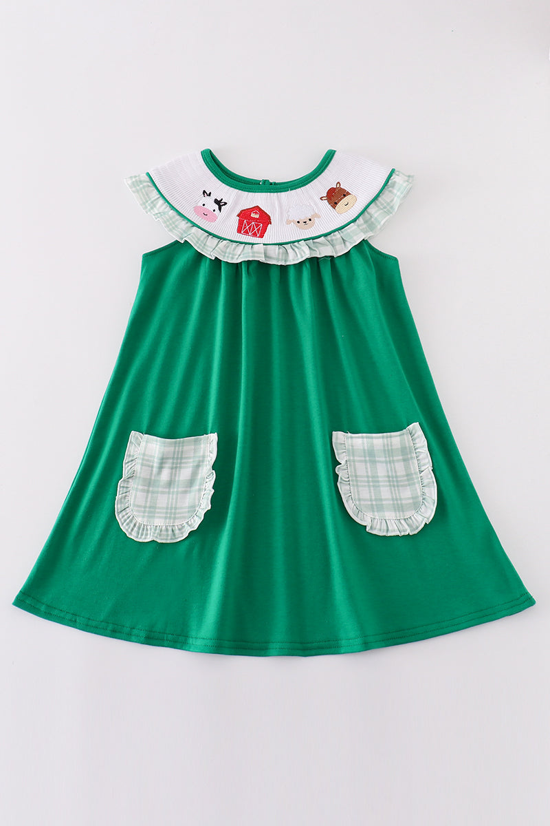 Green farm embroidery smocked girl dress - Giggles with Grace