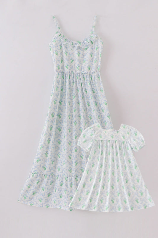 Green leaves bow print mom&me dress - Giggles with Grace