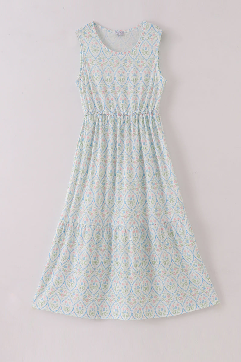 Blue delicate floral print mom dress - Giggles with Grace