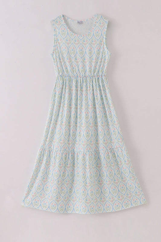 Blue delicate floral print mom dress - Giggles with Grace