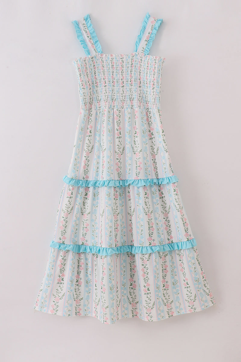 Blue floral print smocked mom dress - Giggles with Grace