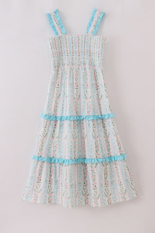 Blue floral print smocked mom dress - Giggles with Grace