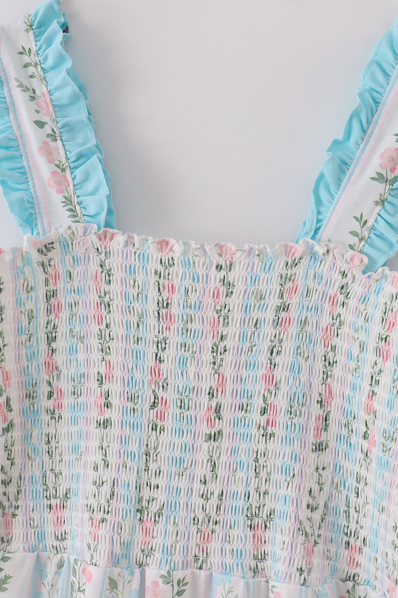 Blue floral print smocked mom dress - Giggles with Grace