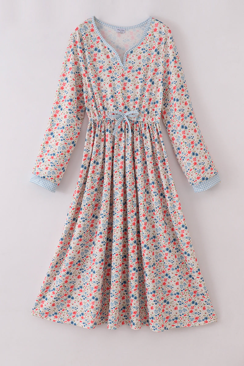 Pink&blue floral print women dress - Giggles with Grace