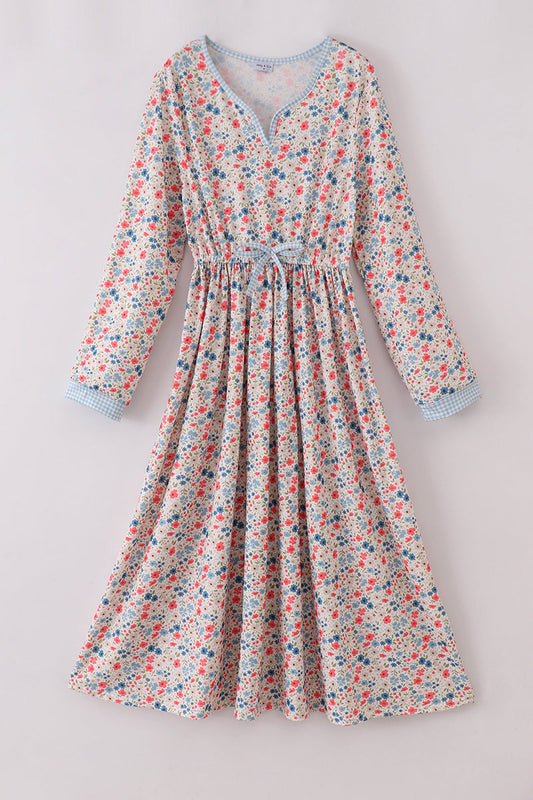 Pink&blue floral print women dress - Giggles with Grace