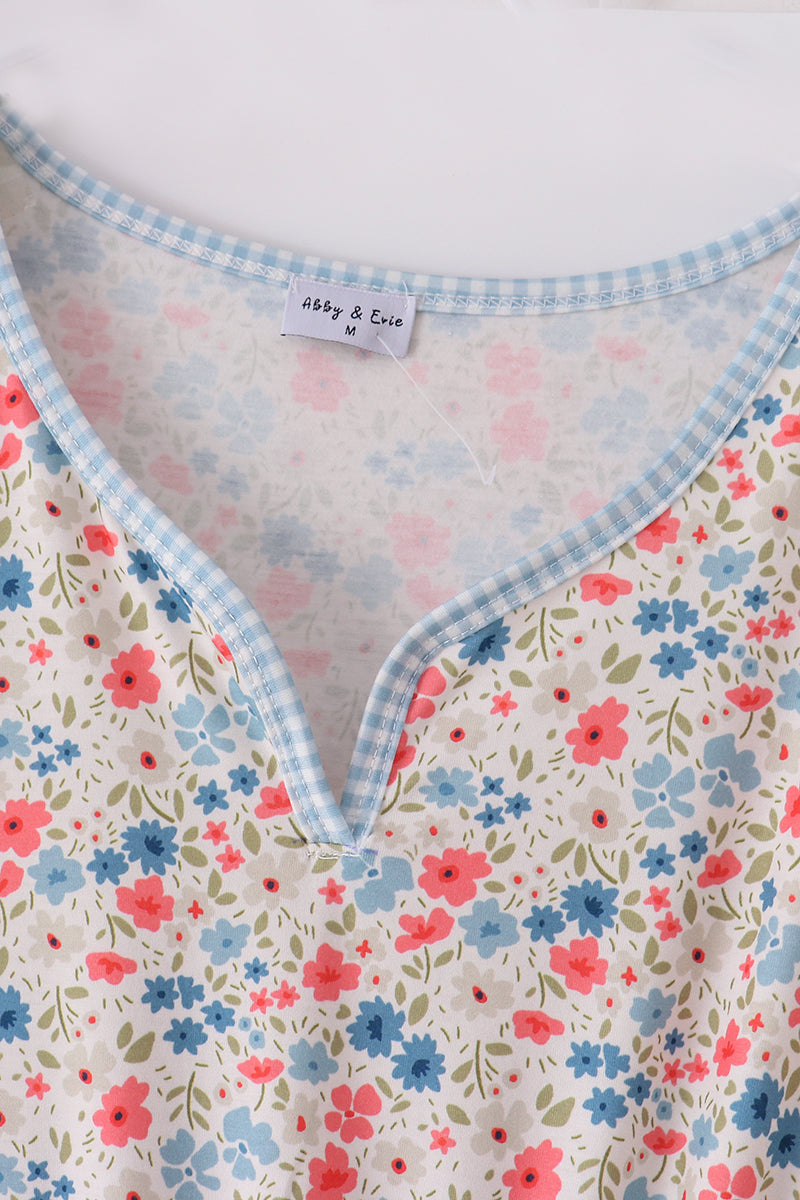 Pink&blue floral print women dress - Giggles with Grace