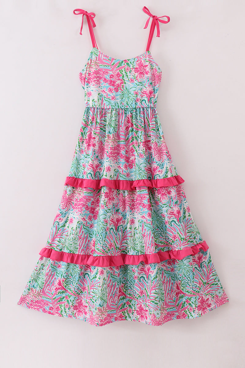 Pink Palm Paradise print tiered mom dress - Giggles with Grace