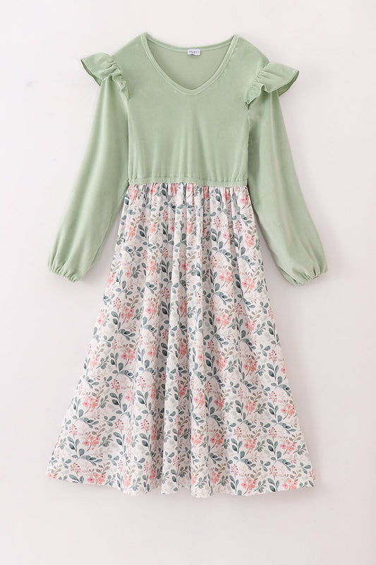 Sage floral print velvet ruffle mom dress - Giggles with Grace