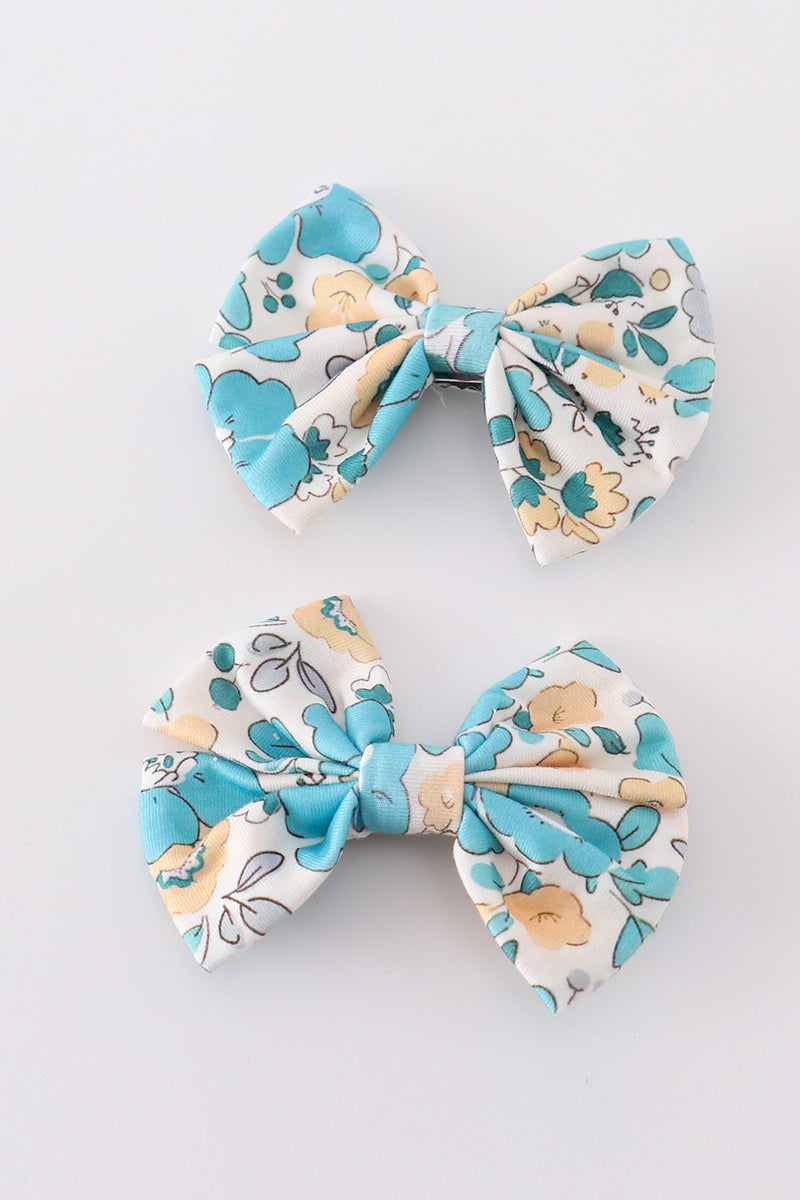 Blue aqua meadow girl piggie hair bow - Giggles with Grace