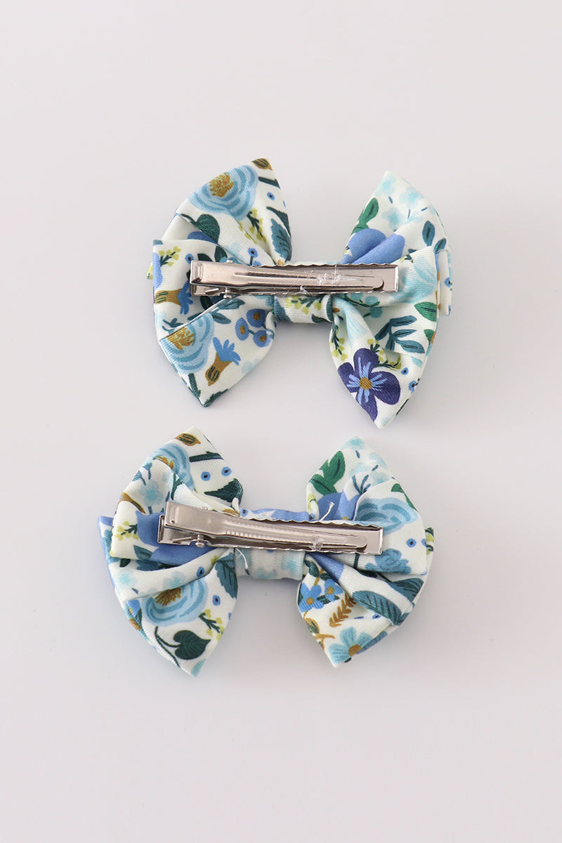Blue floral print hair bow - Giggles with Grace