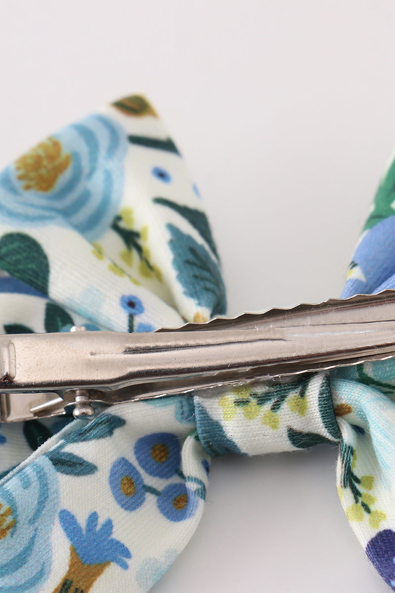 Blue floral print hair bow - Giggles with Grace