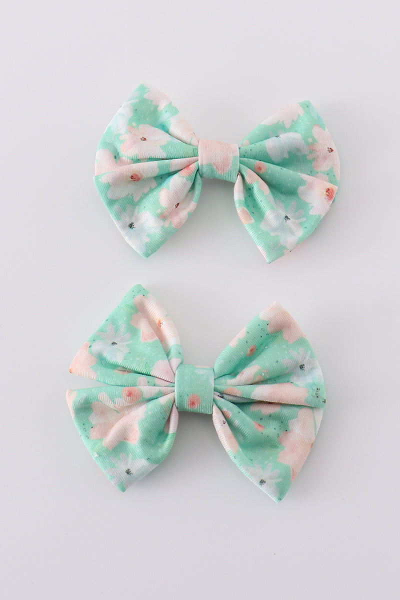 Green floral print girl piggie hair bow - Giggles with Grace