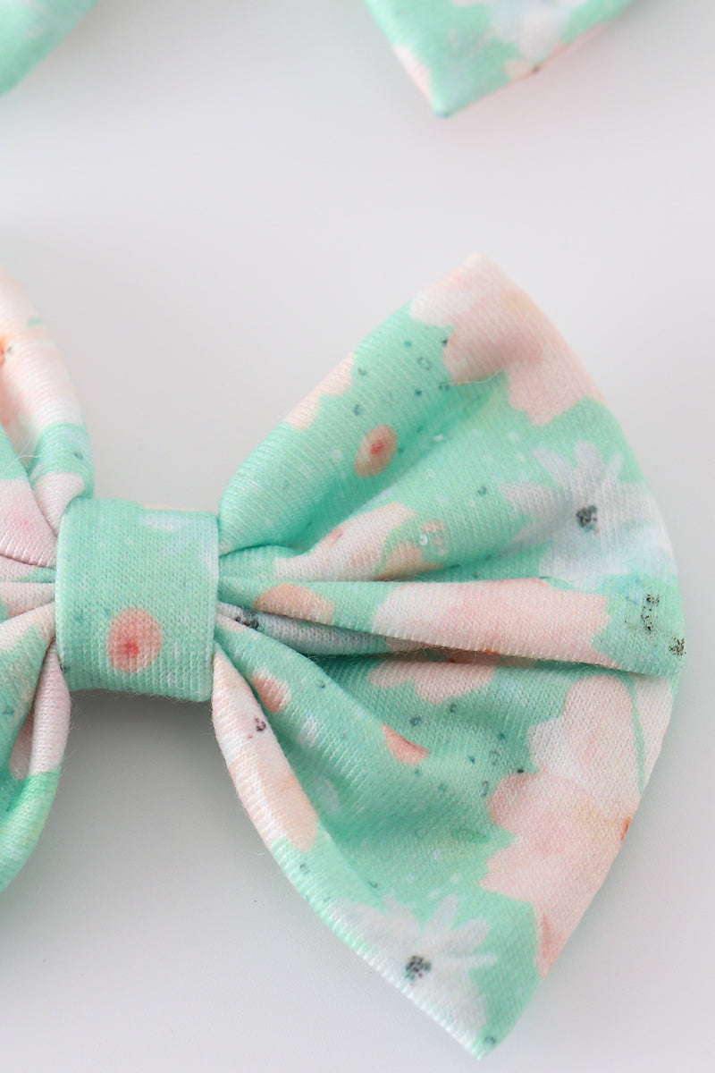 Green floral print girl piggie hair bow - Giggles with Grace