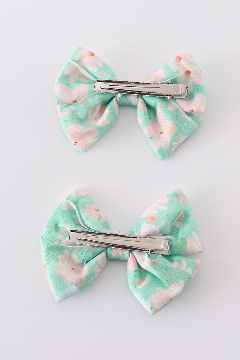 Green floral print girl piggie hair bow - Giggles with Grace