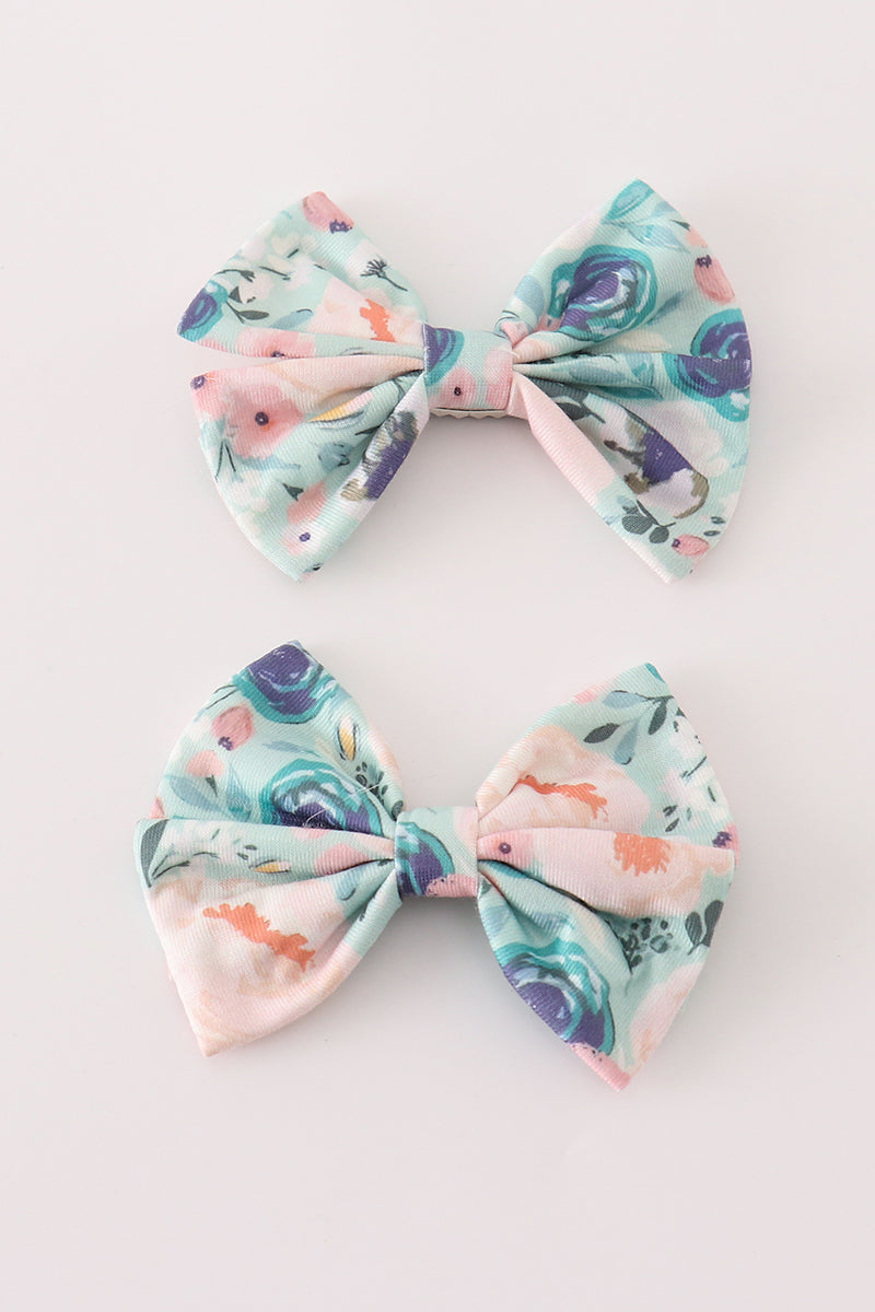 Green garden serenity print girl piggie hair bow - Giggles with Grace