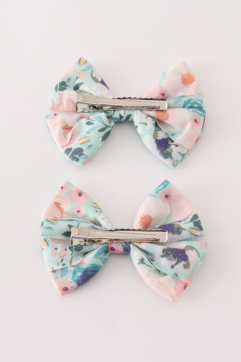 Green garden serenity print girl piggie hair bow - Giggles with Grace