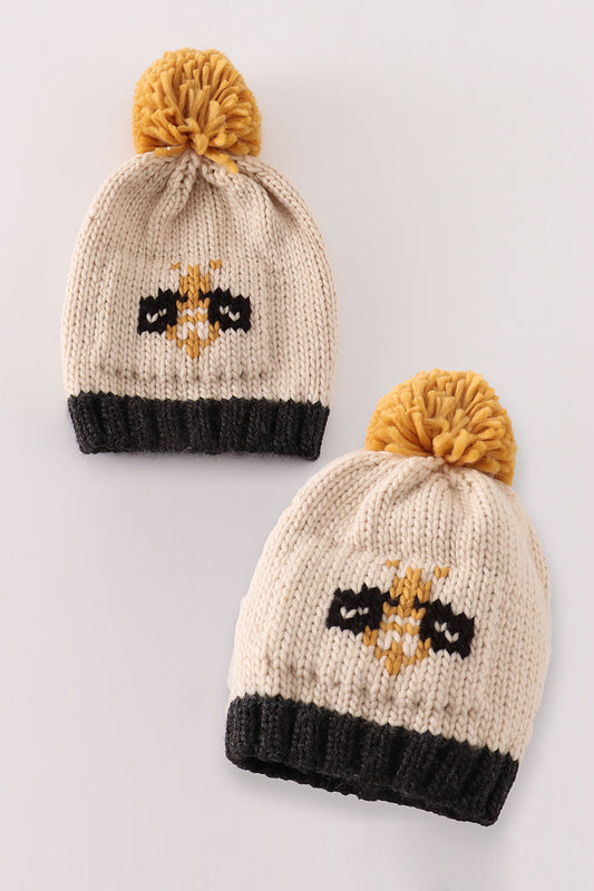Beige pompom bee cable beanie - Giggles with Grace