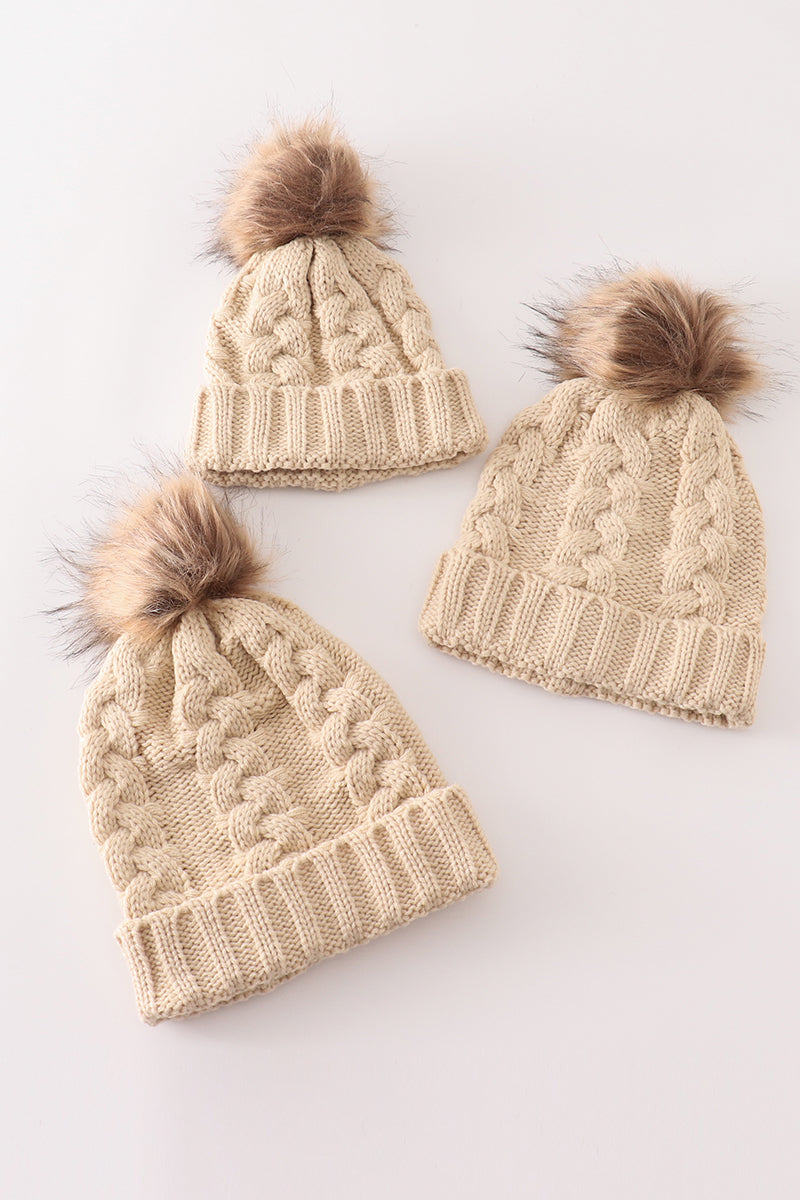 Beige pompom  cable beanie - Giggles with Grace