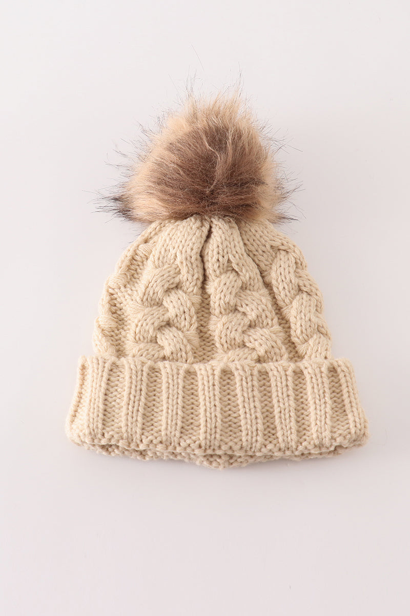 Beige pompom  cable beanie - Giggles with Grace