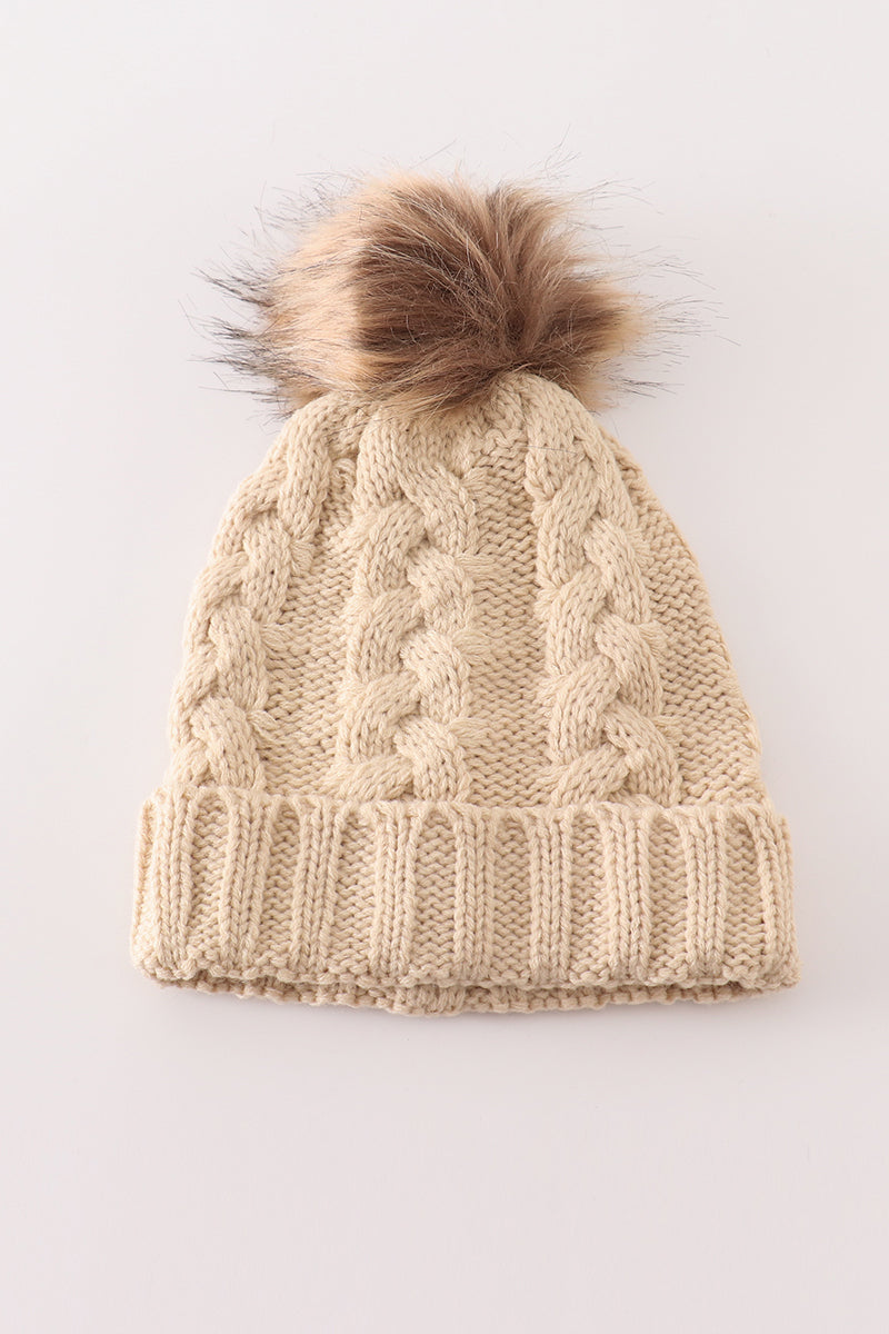 Beige pompom  cable beanie - Giggles with Grace