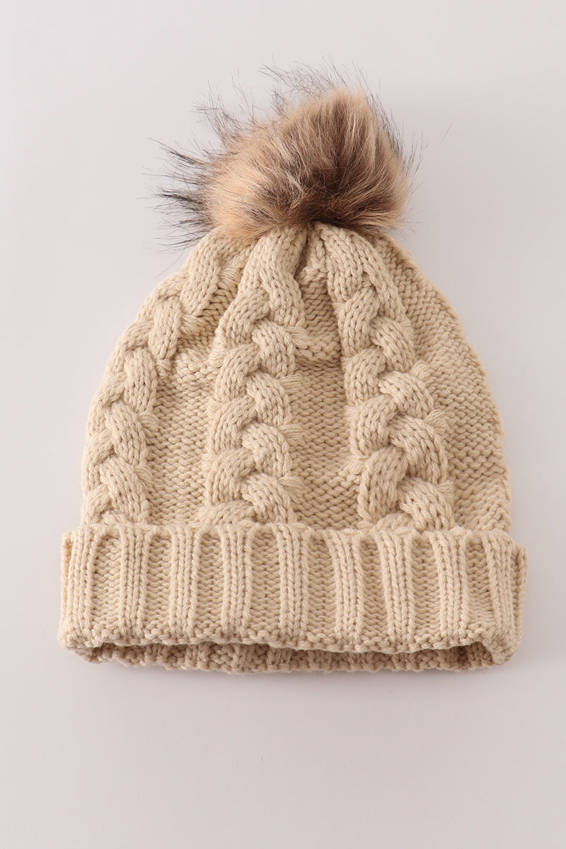 Beige pompom  cable beanie - Giggles with Grace