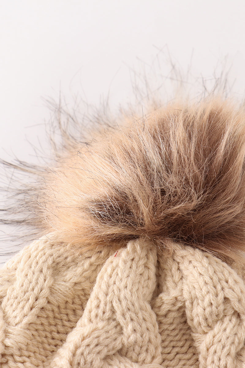Beige pompom  cable beanie - Giggles with Grace