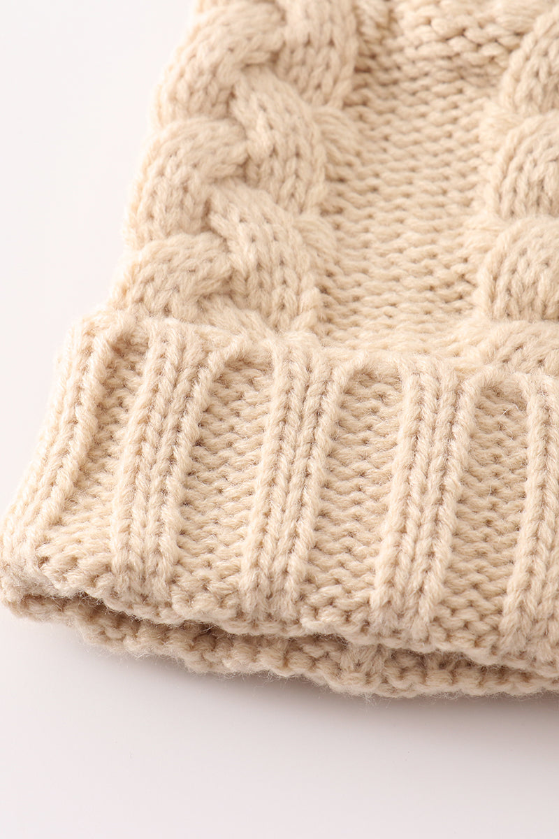 Beige pompom  cable beanie - Giggles with Grace