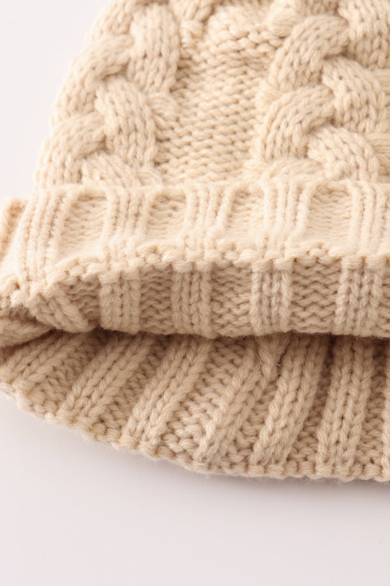 Beige pompom  cable beanie - Giggles with Grace
