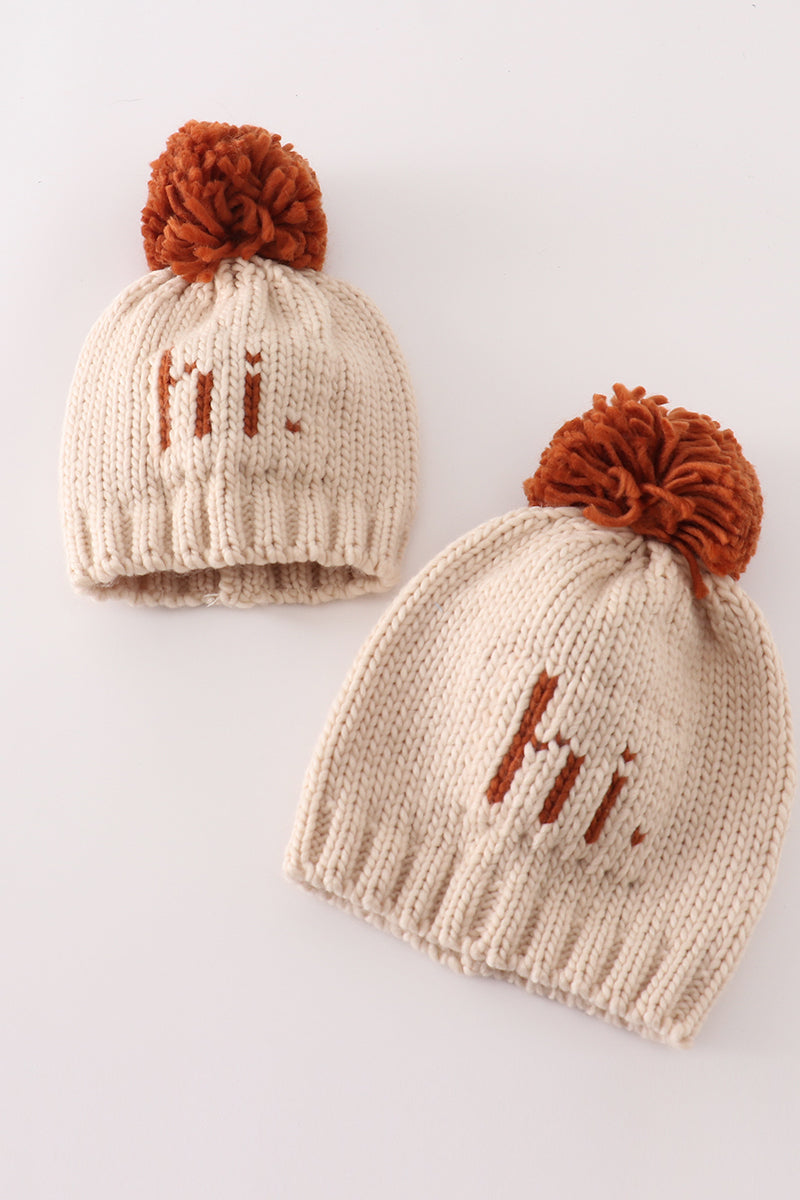 Beige pompom hi cable beanie - Giggles with Grace
