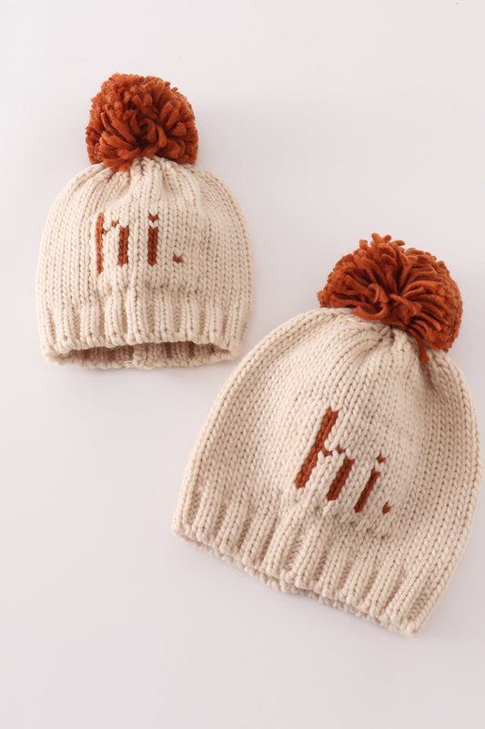 Beige pompom hi cable beanie - Giggles with Grace