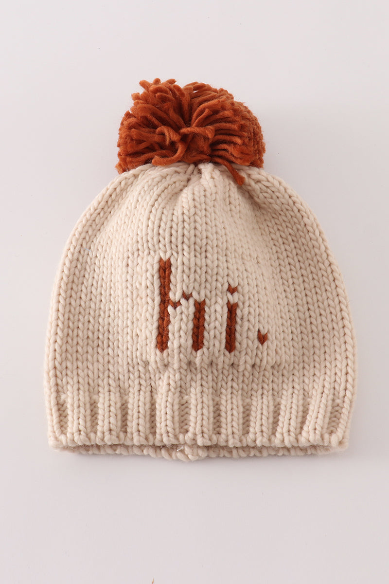 Beige pompom hi cable beanie - Giggles with Grace