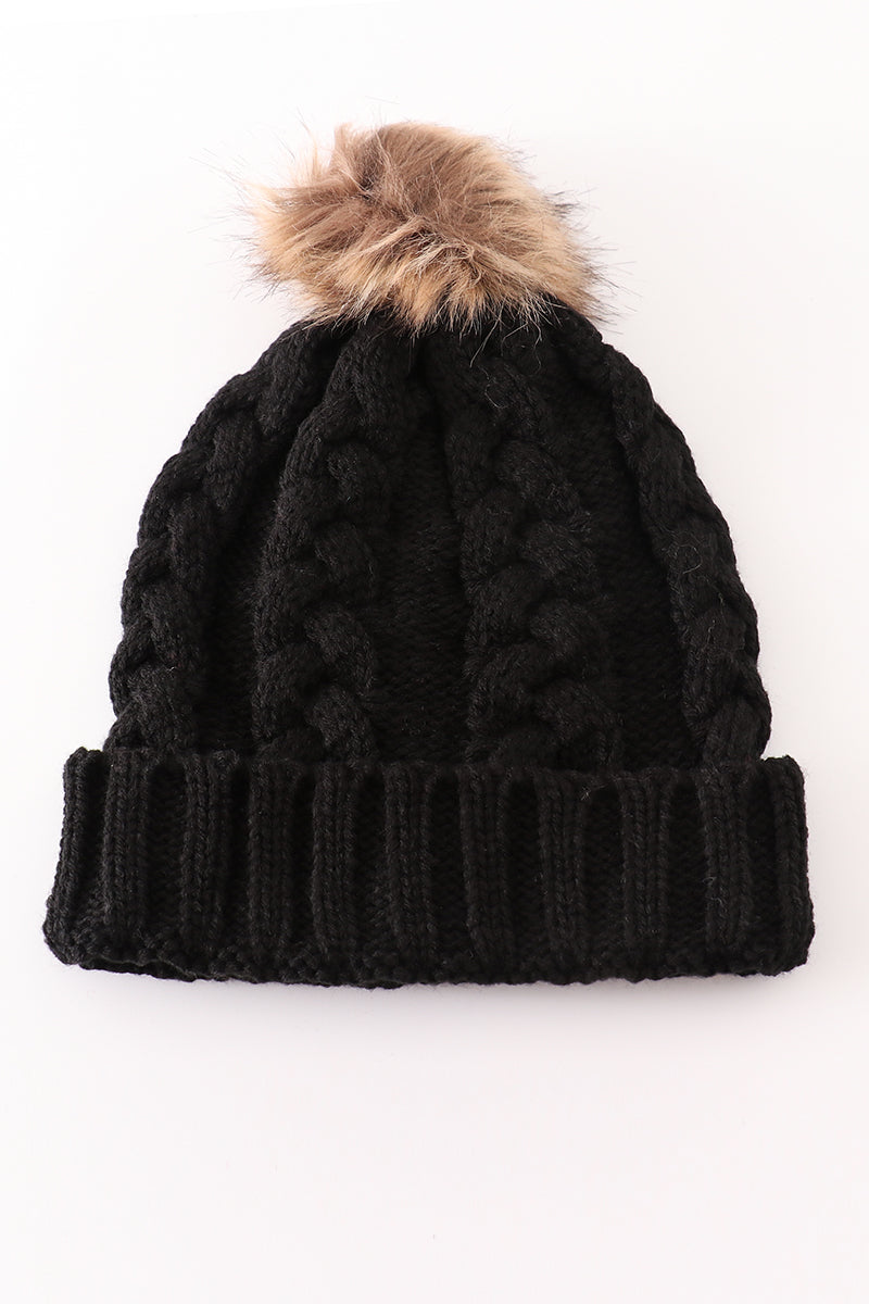 Black pompom cable beanie - Giggles with Grace