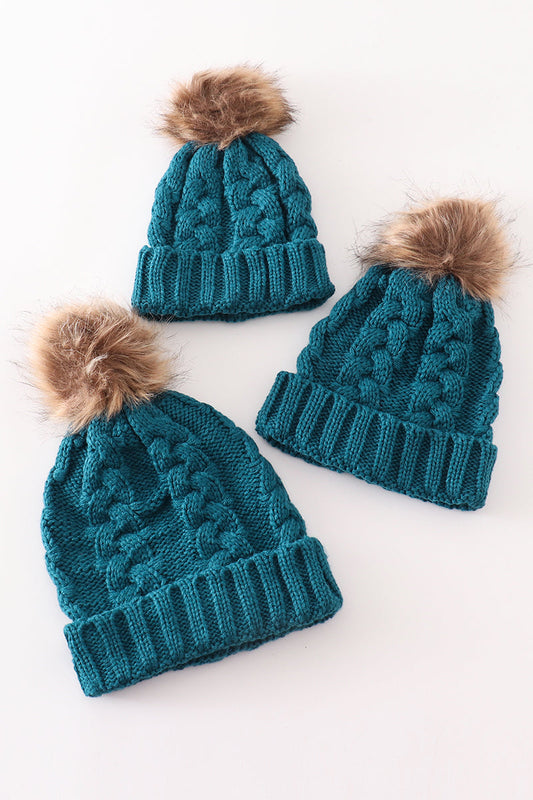 Teal pompom cable beanie - Giggles with Grace