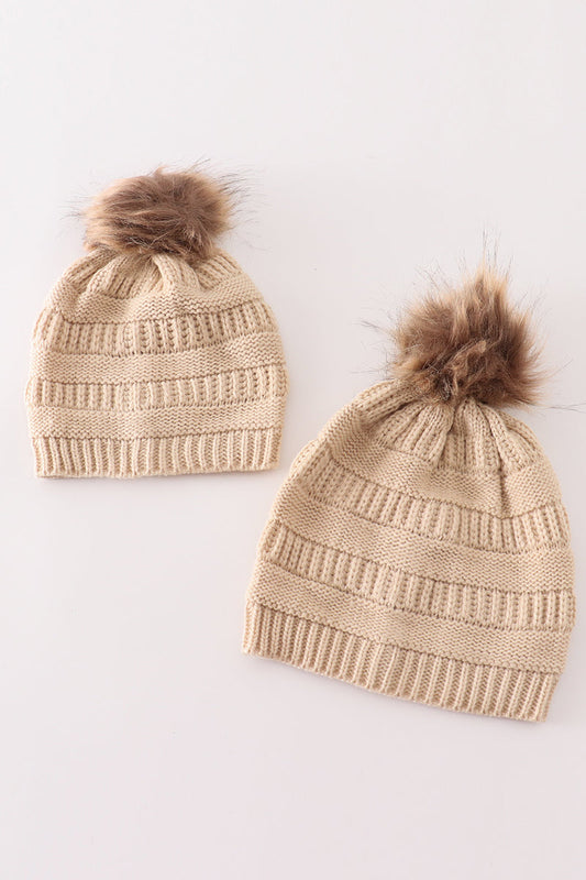 Beige pompom cable beanie - Giggles with Grace