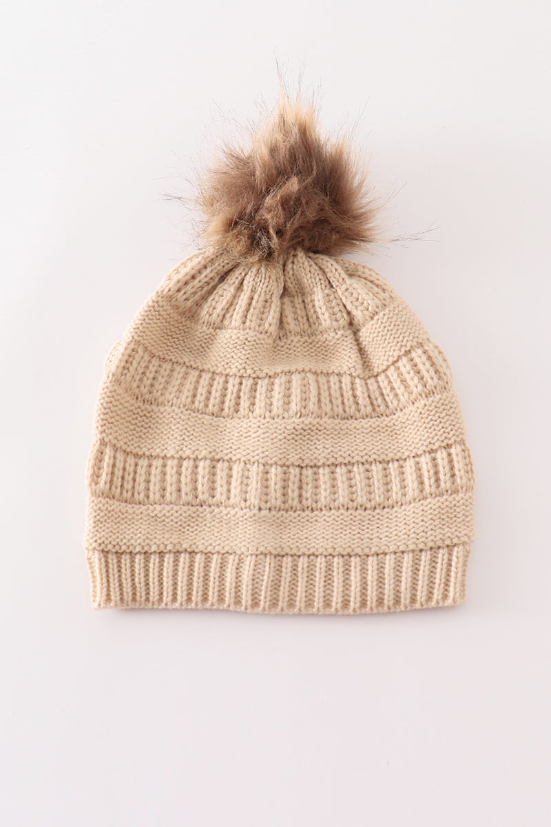 Beige pompom cable beanie - Giggles with Grace