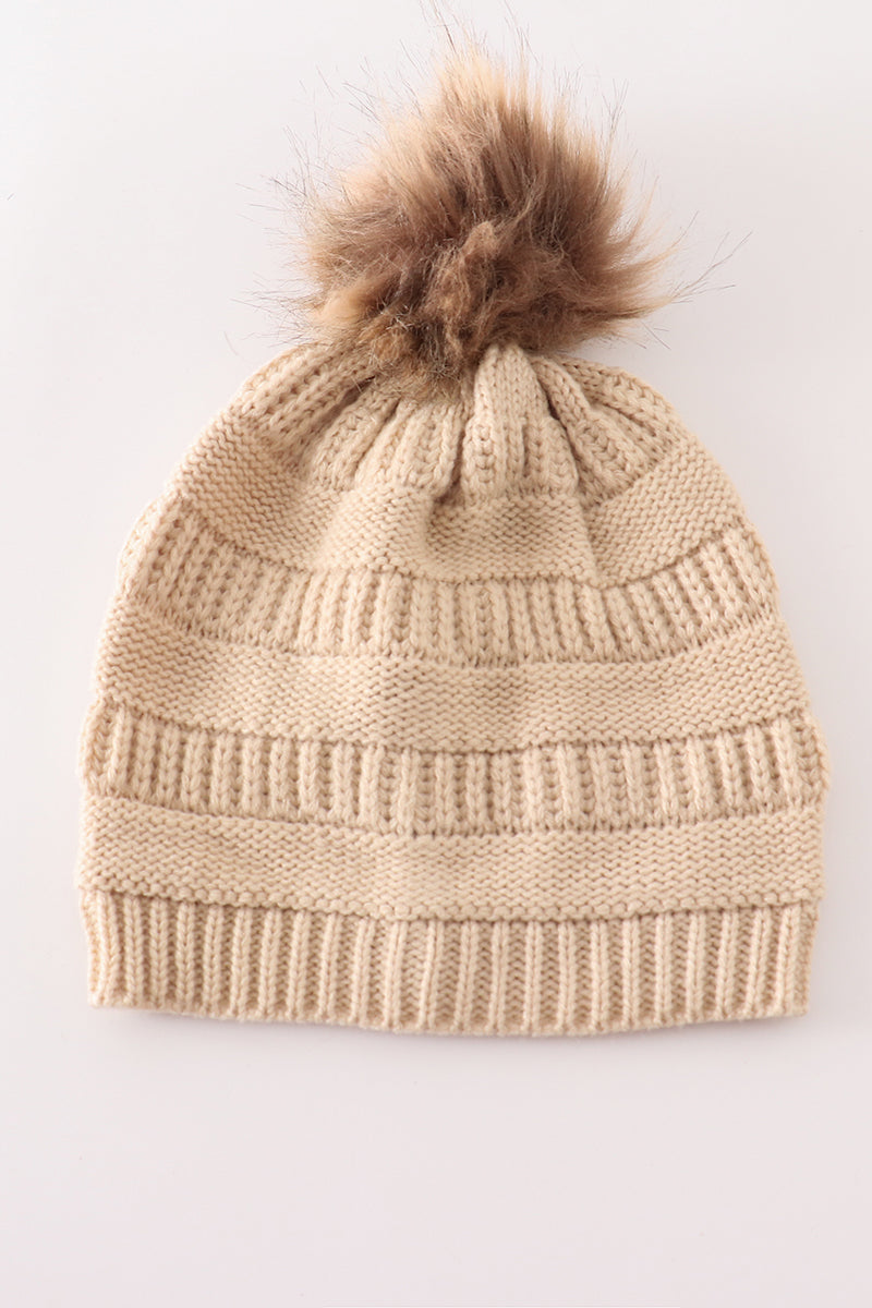 Beige pompom cable beanie - Giggles with Grace