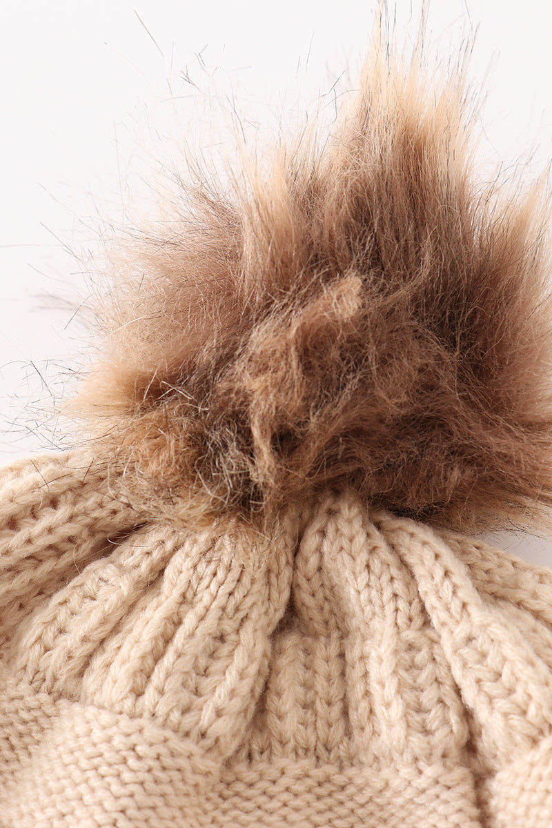Beige pompom cable beanie - Giggles with Grace