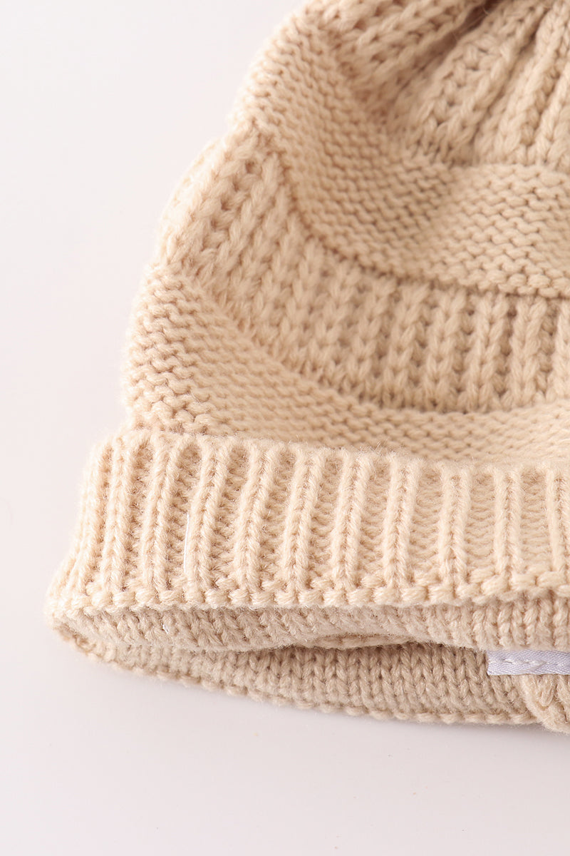 Beige pompom cable beanie - Giggles with Grace