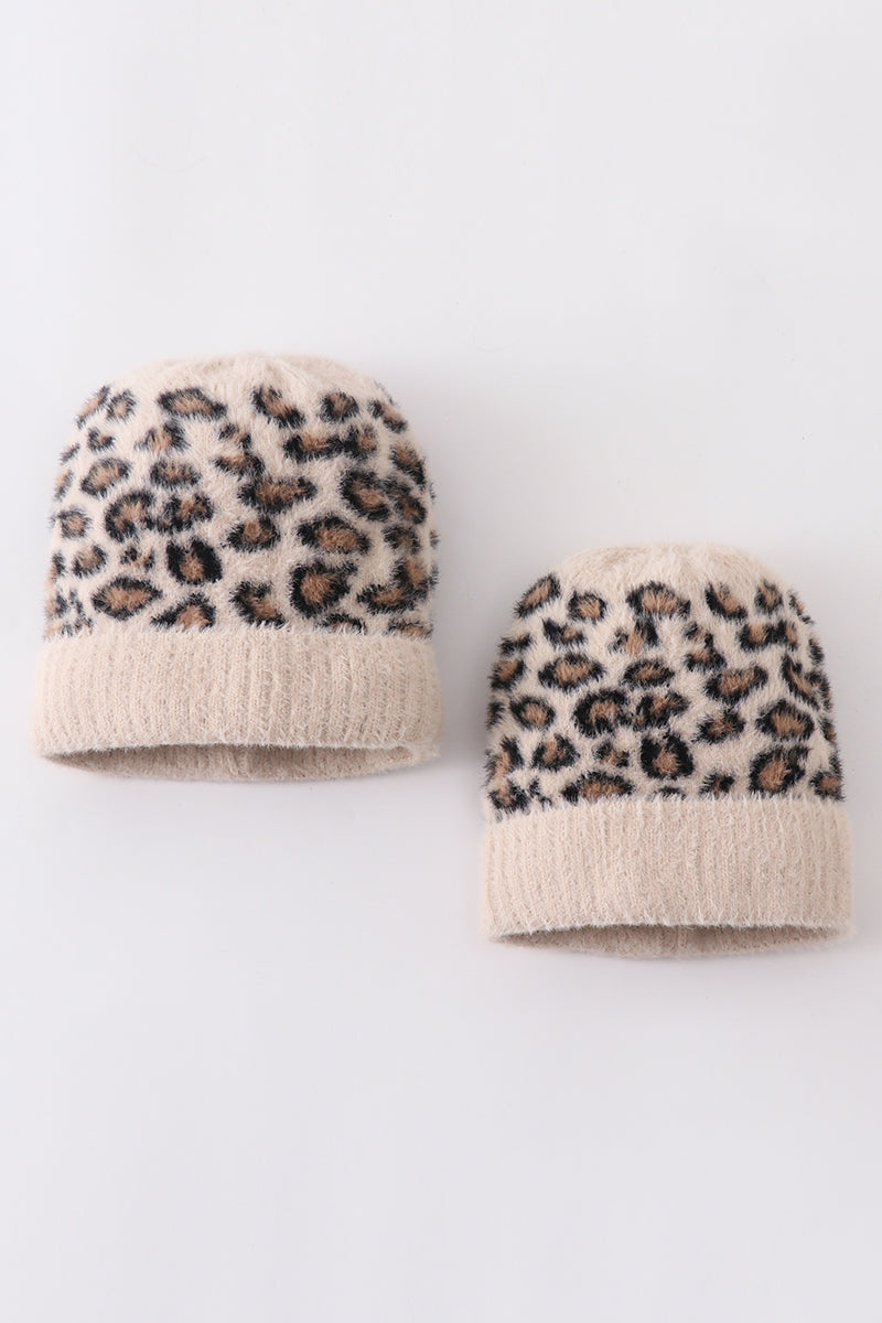 Beige leopard beanie hat toddler adult - Giggles with Grace
