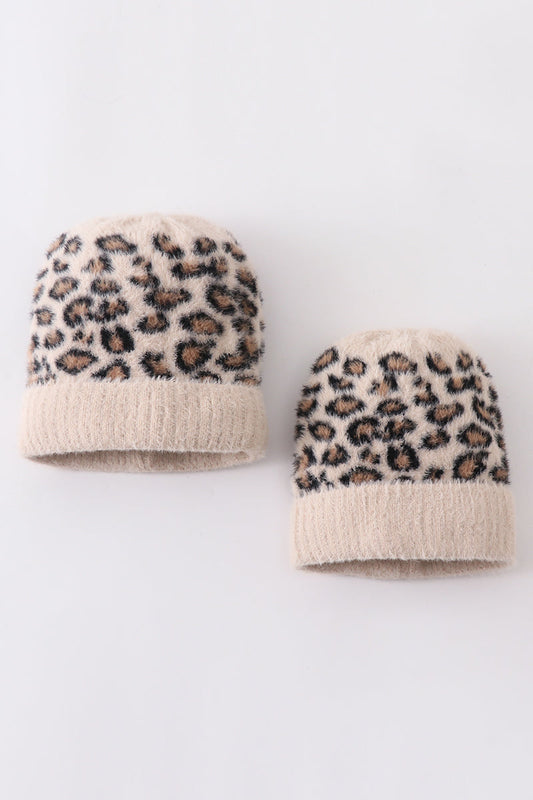 Beige leopard beanie hat toddler adult - Giggles with Grace
