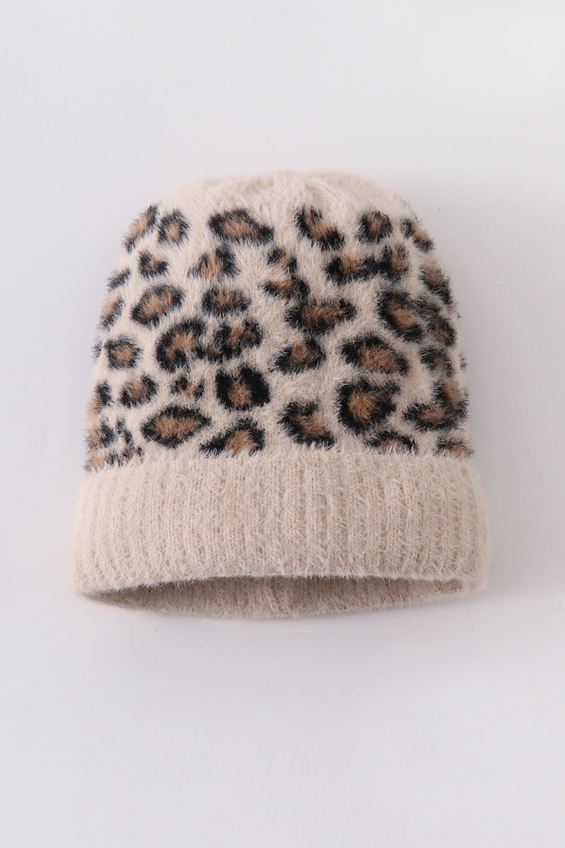 Beige leopard beanie hat toddler adult - Giggles with Grace