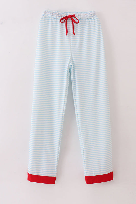 Blue stripe christmas santa claus embroidery men pajamas pants - Giggles with Grace